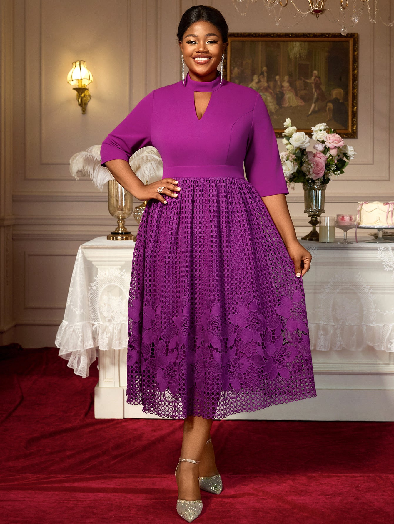 Plus Size Patchwork Lace High-Neck A-Line 3/4 Sleeve Elegant Dress 8