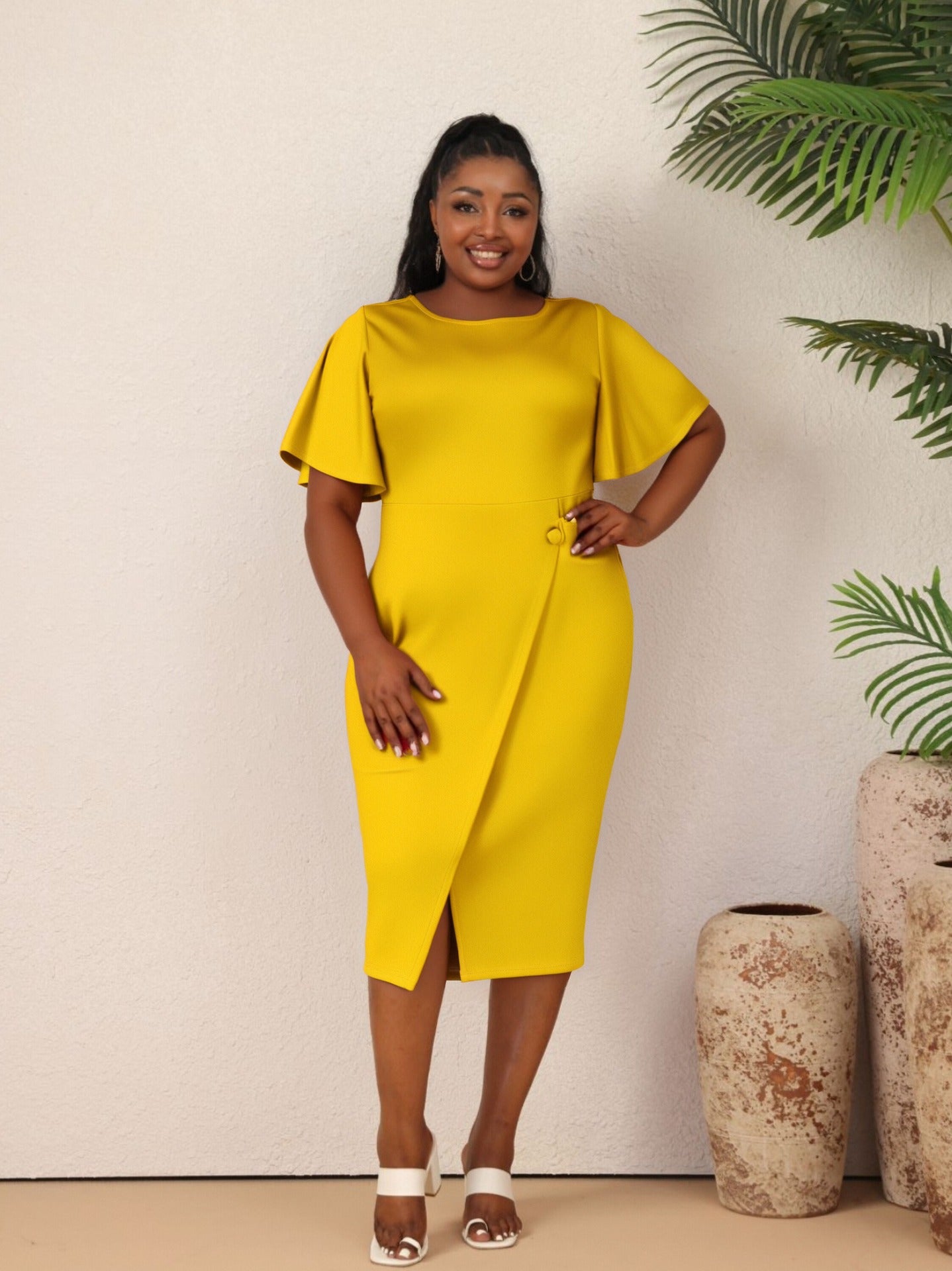 Women Summer Solid Career Ruffle Sleeve Dress 6