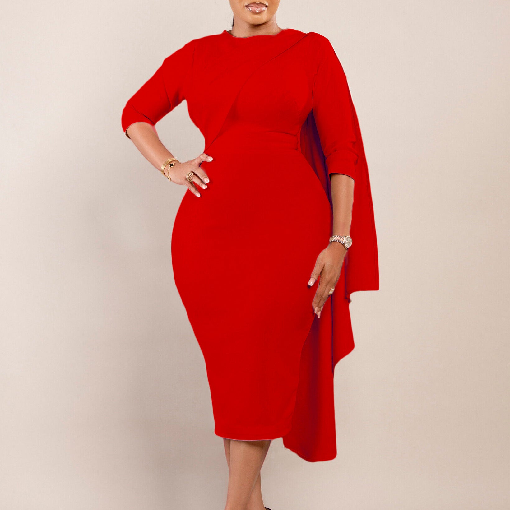 Women Solid Long Sleeve Midi Dress 7
