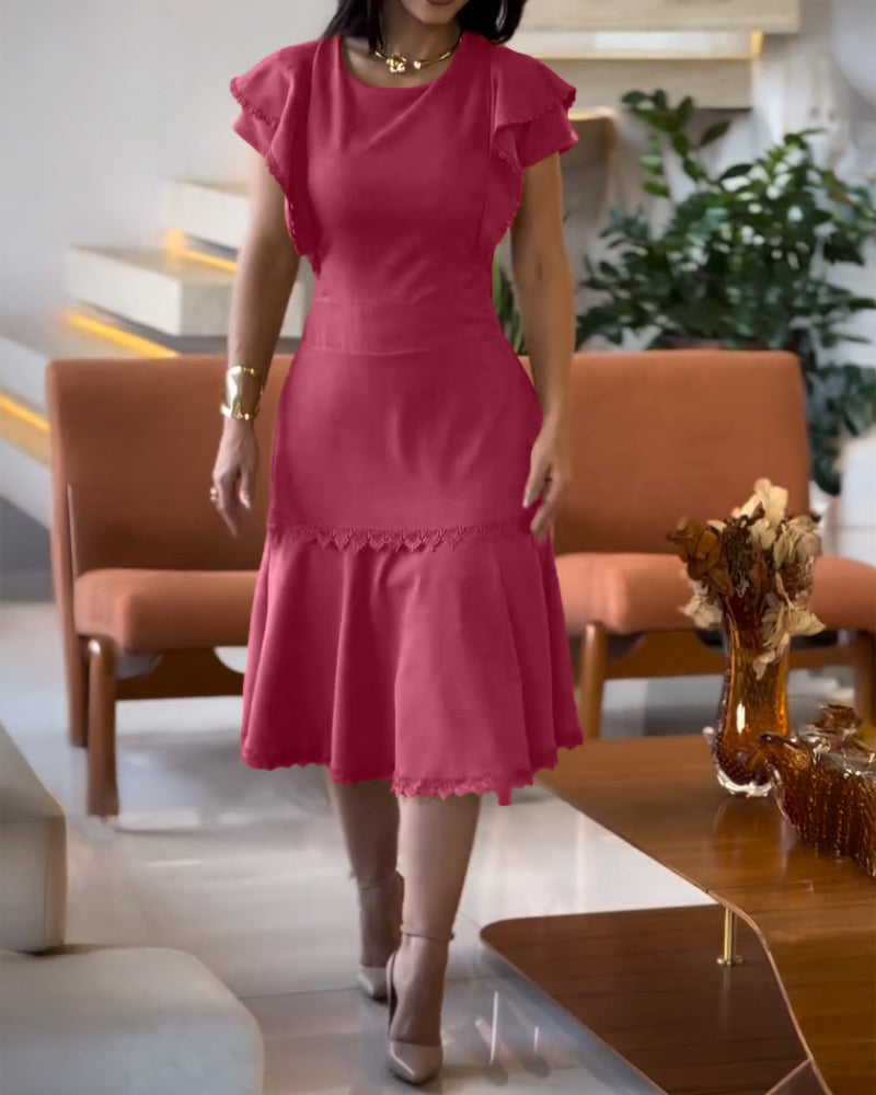 Solid Color Lace Trim Patchwork Bell Sleeve Slim Waist Ruffle Dress 3