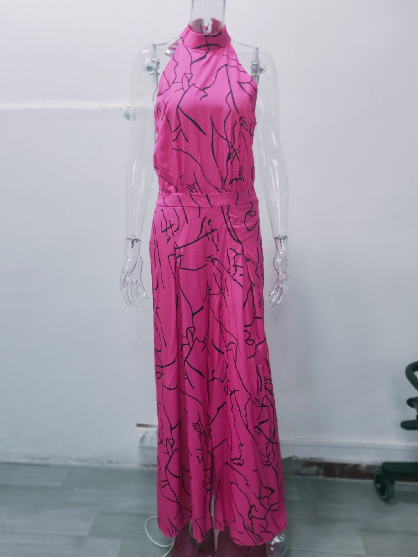 Summer Women Elegant Lace-Up Sleeveless Halter Neck Print Jumpsuit 46