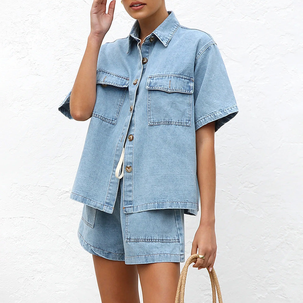 Women Retro Casual Pocket Short Sleeve Shirt and Denim Shorts two-piece set 12