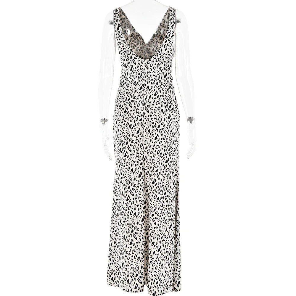 Women's Leopard Satin V-Neck Strap Low Back Sexy Slim Long Dress 6