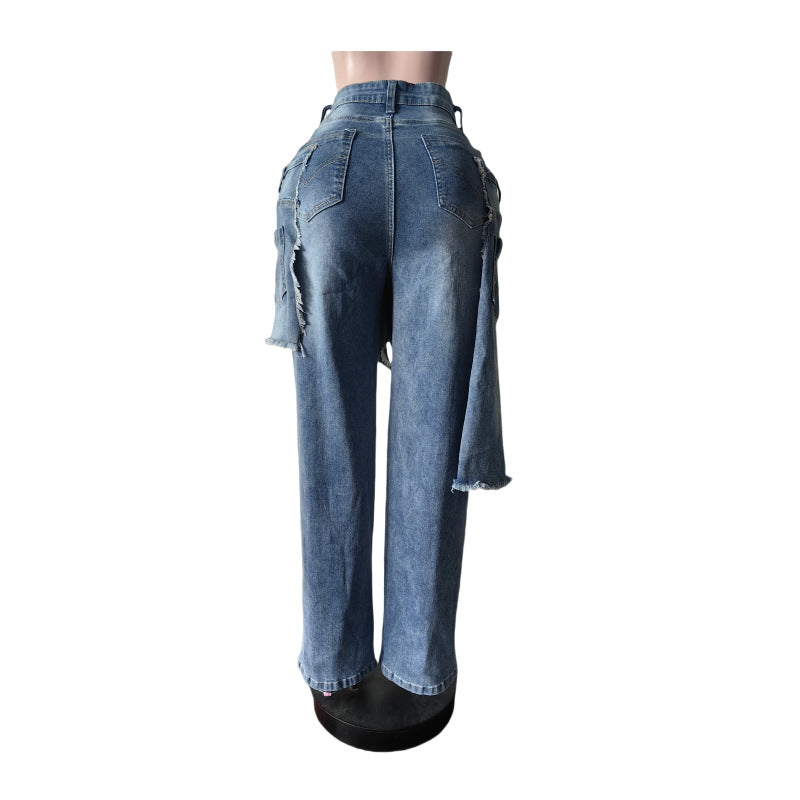 Women Casual Fashion Stretchy Apron Denim Ripped Pant 8