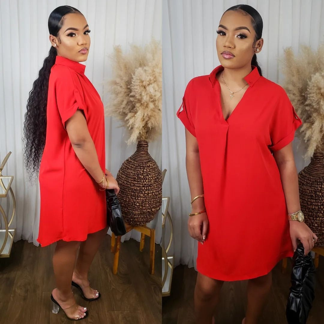 Women Sexy Solid V Neck Short Sleeve Turndown Collar Solid Dress