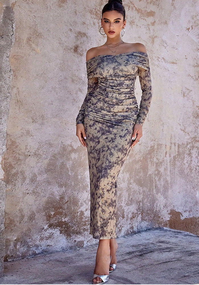 Spring Summer Women's Fashion Print Mesh Beaded Slim Evening Dress