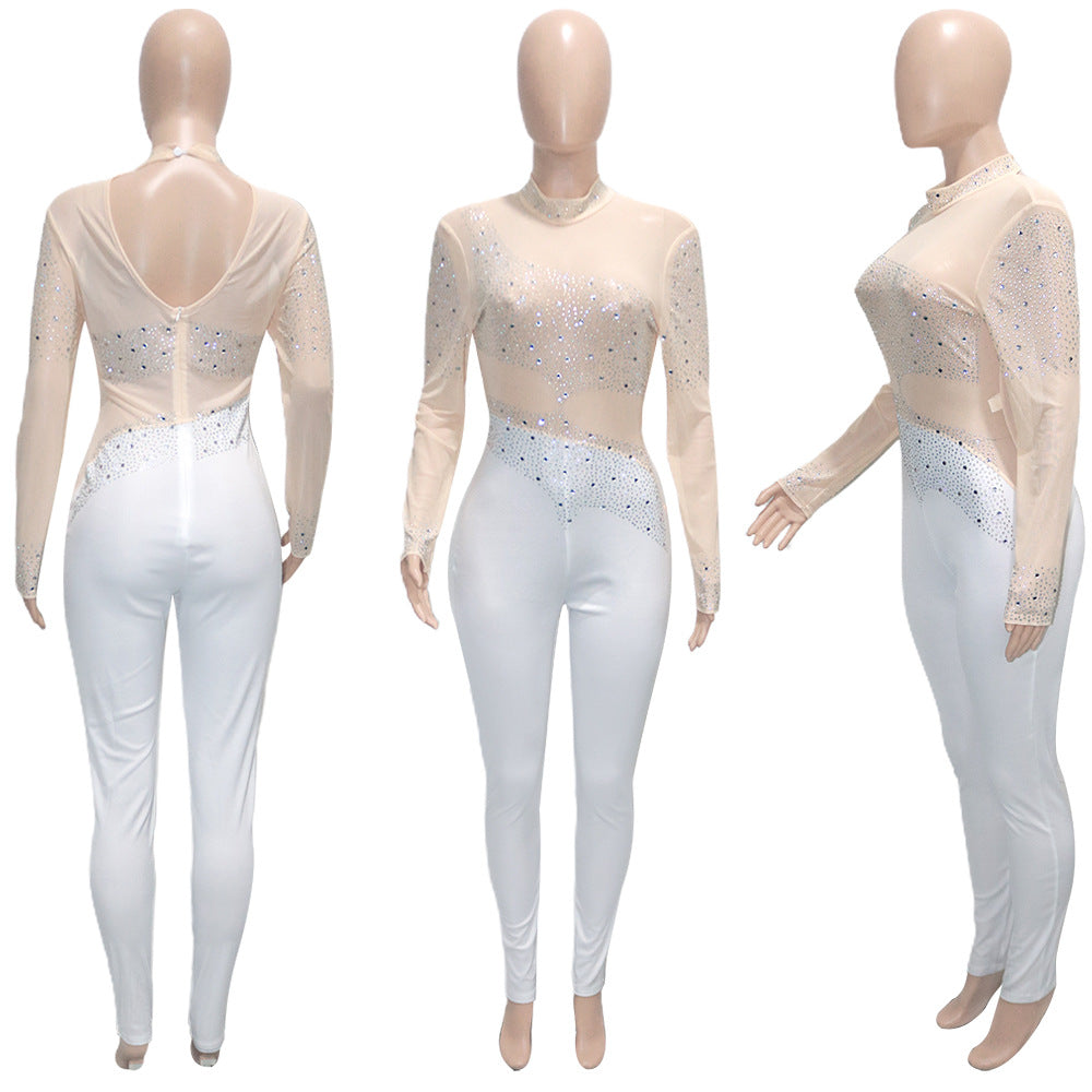 Women Sexy Mesh See-Through Beaded Long Sleeve Jumpsuit 15