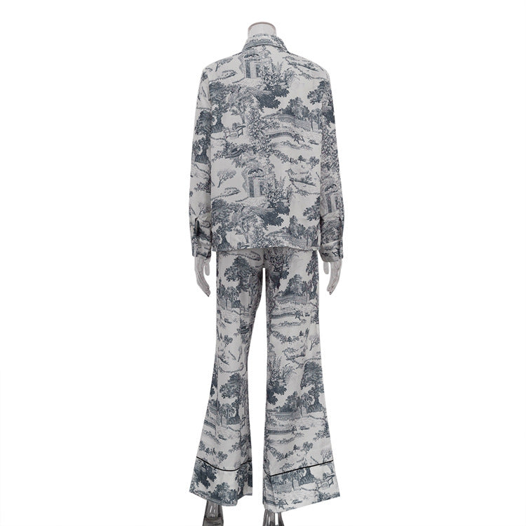 Women's Paint Print Turndown Collar Shirt High Waist Trousers Fashion Two-Piece Suit 10