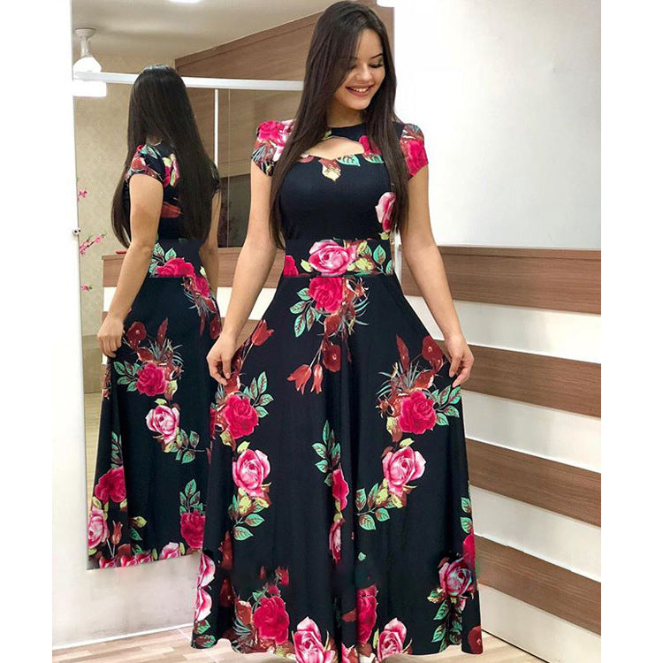 Women Sexy Fashion Floral Botanical Print Short Sleeve Maxi Dress 17