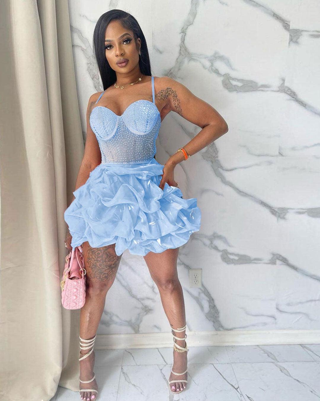 Women Sexy Beaded Stretch Camisole Cascading Ruffles Dress Tutu 7