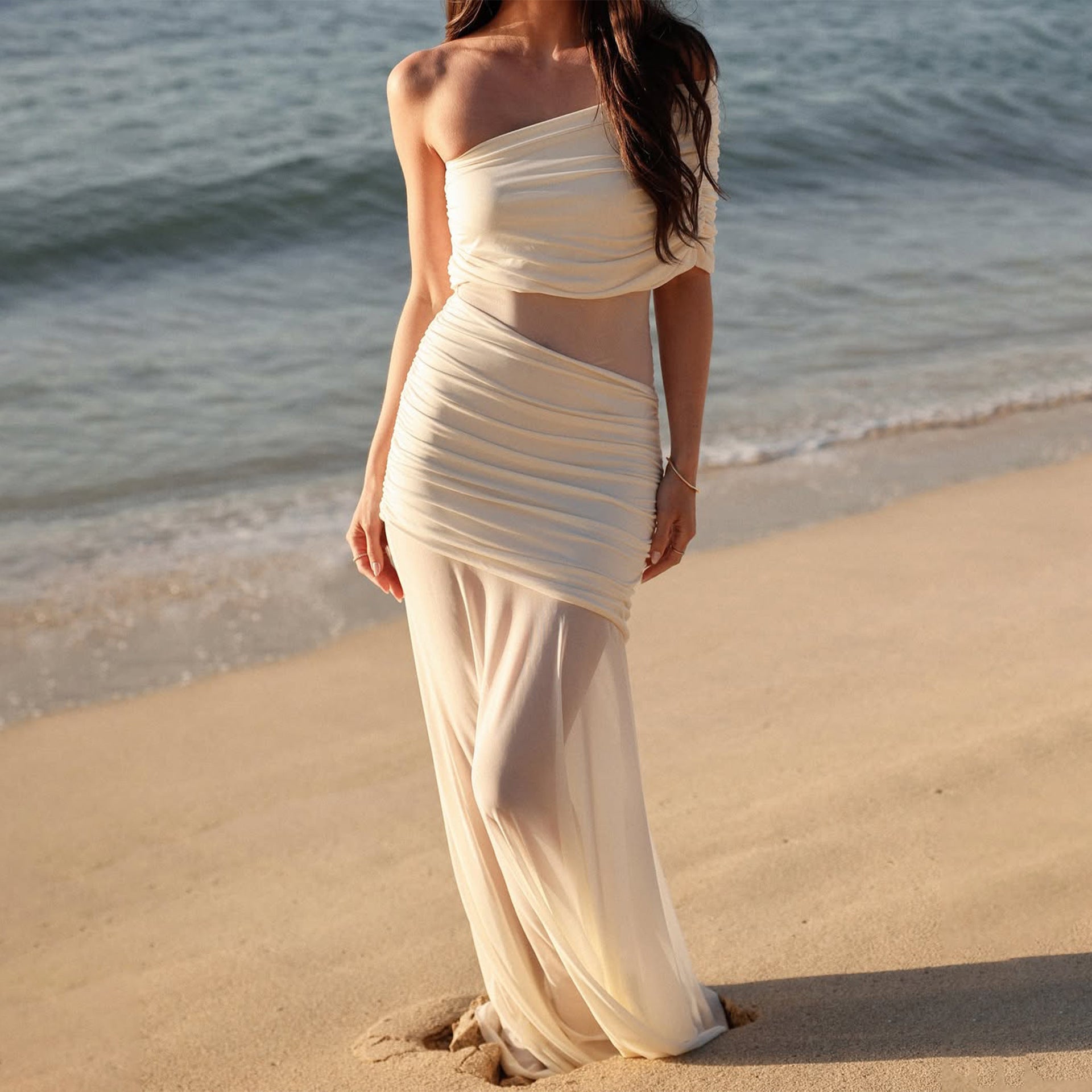 Spring fashionable off-shoulder chic sexy mesh patchwork slim dress 4