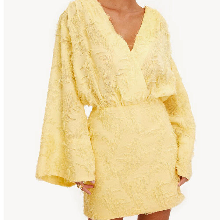 Spring And Autumn Solid Color Jacquard Long Sleeve V-Neck Loose Dress Women's Clothing 7