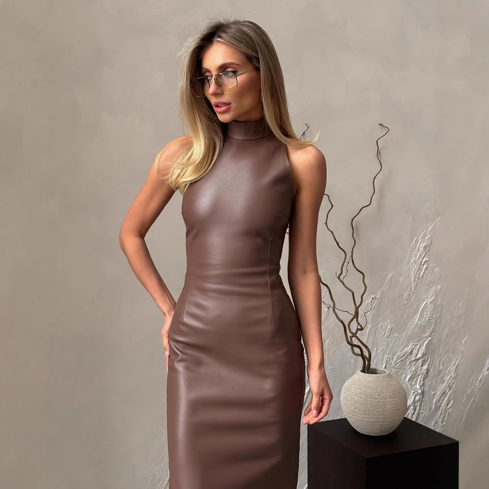 Women Sleeveless Stand Collar Slit Solid pu Leather Dress 5