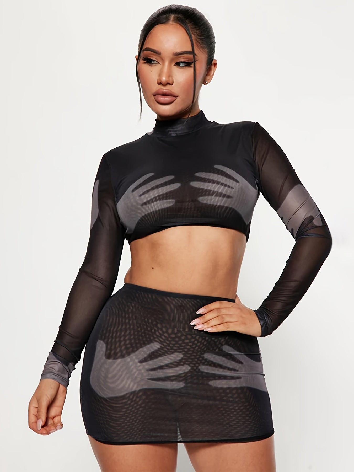 Spring Mesh Palm Printed Women's Long Sleeve See-Through Top Short Skirt Set 4