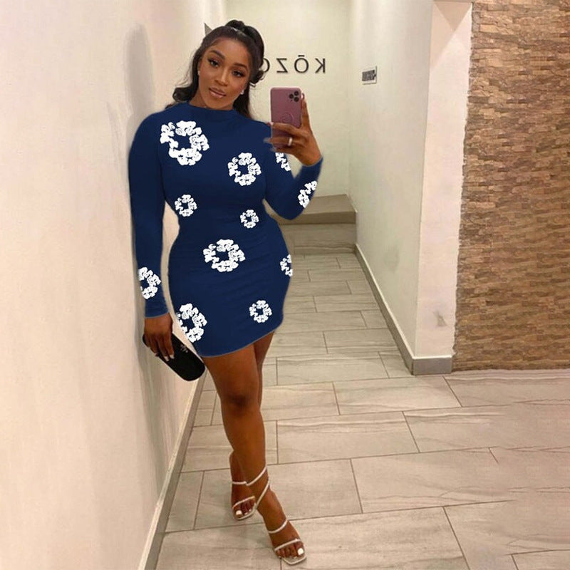 Women Round Neck Long Sleeve Flower Print Dress 4