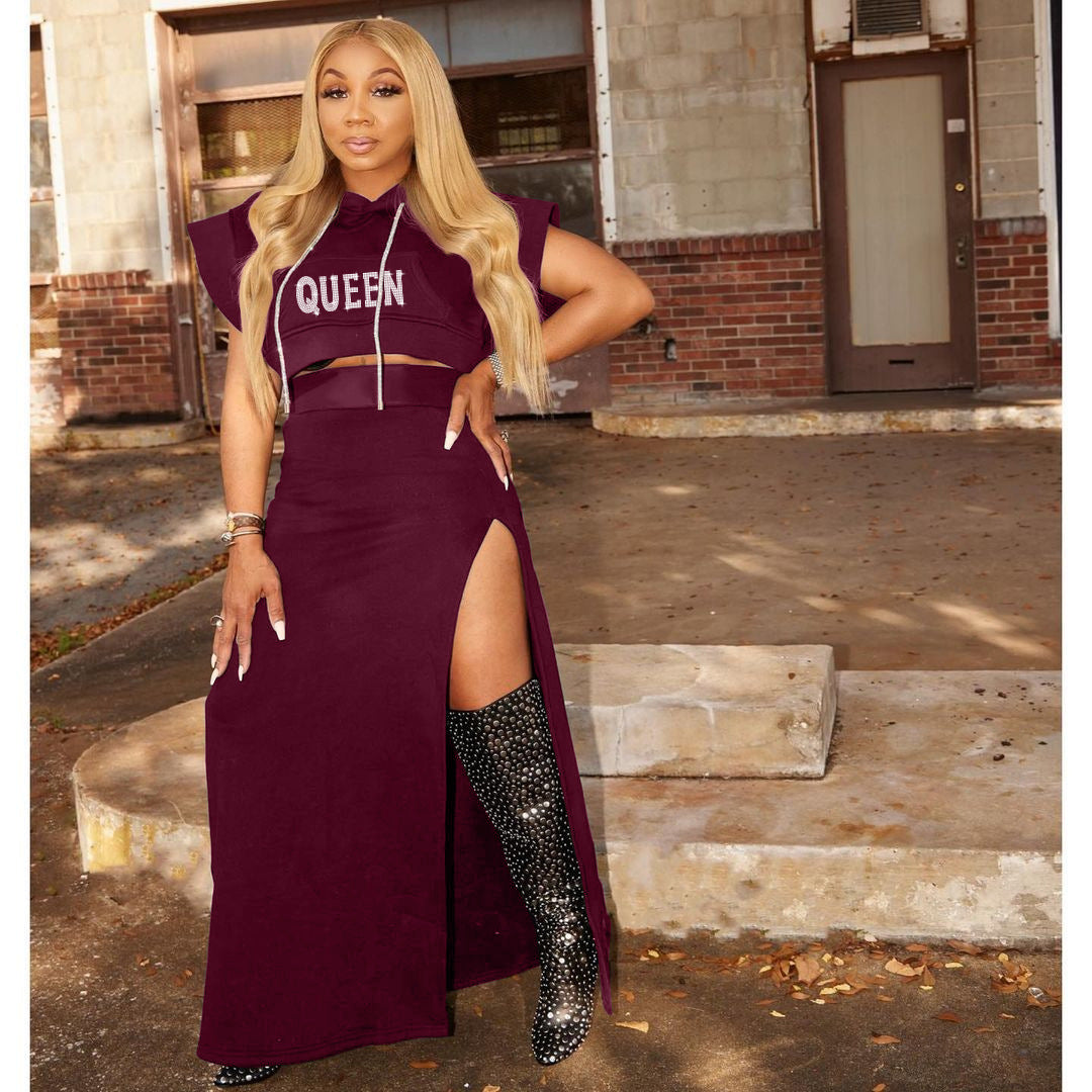 Plus Size Casual Women'S Beaded Short Sleeve Hoodies Slit Maxi Skirt Two-Piece Set