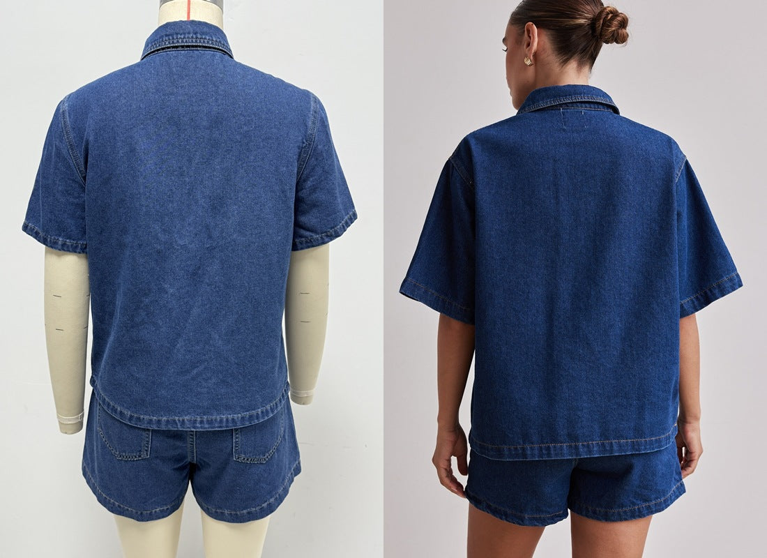 Summer Women's Casual Loose Denim Shirt Shorts Set 22