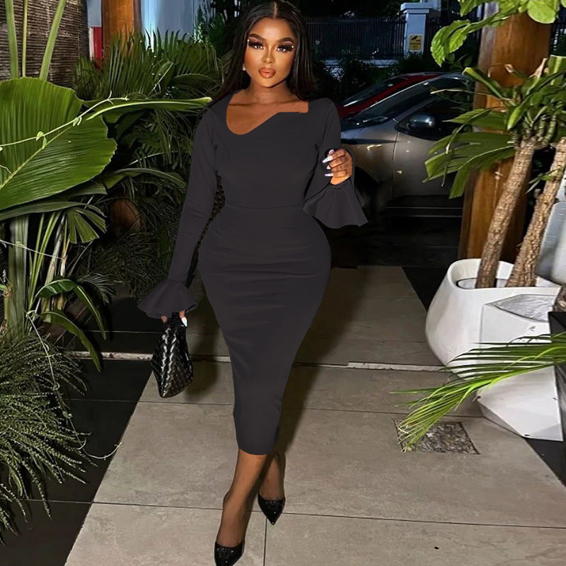 Fashionable Round Neck Solid Color Bell Bottom Sleeve Slit Slit Midi Dress