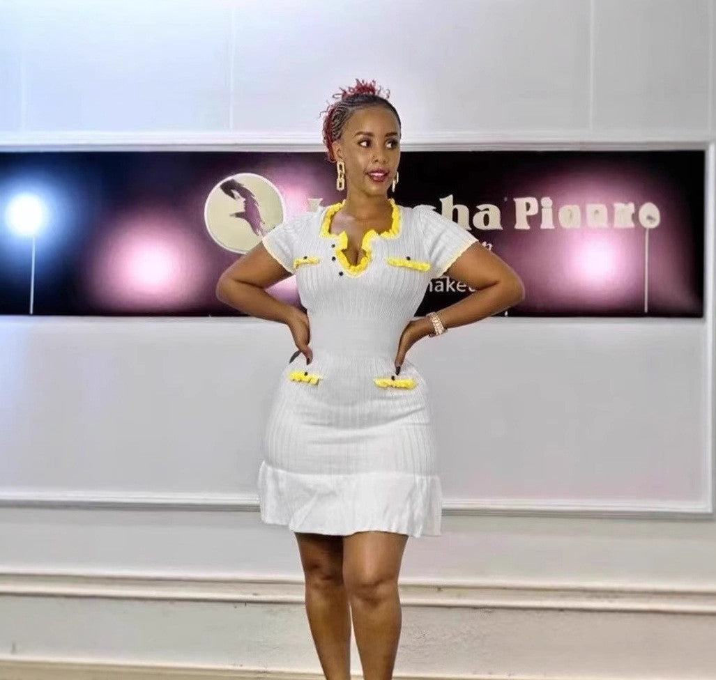 Women's Summer Fashion U-Neck Short Sleeve Ruffle Knit Dress 7