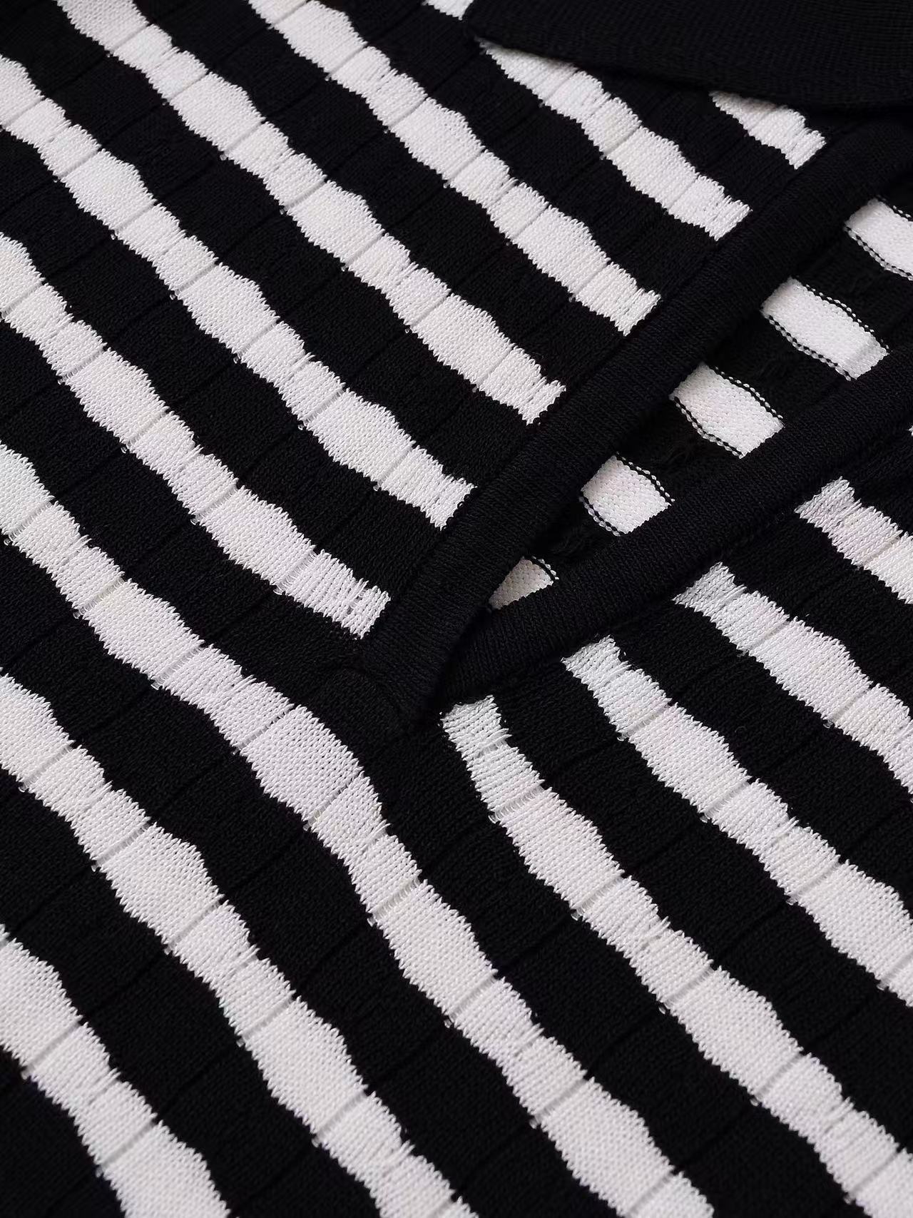 Fashion Turndown Collar Shirt & Striped Bell-Bottom Pants Summer Knit Set 30