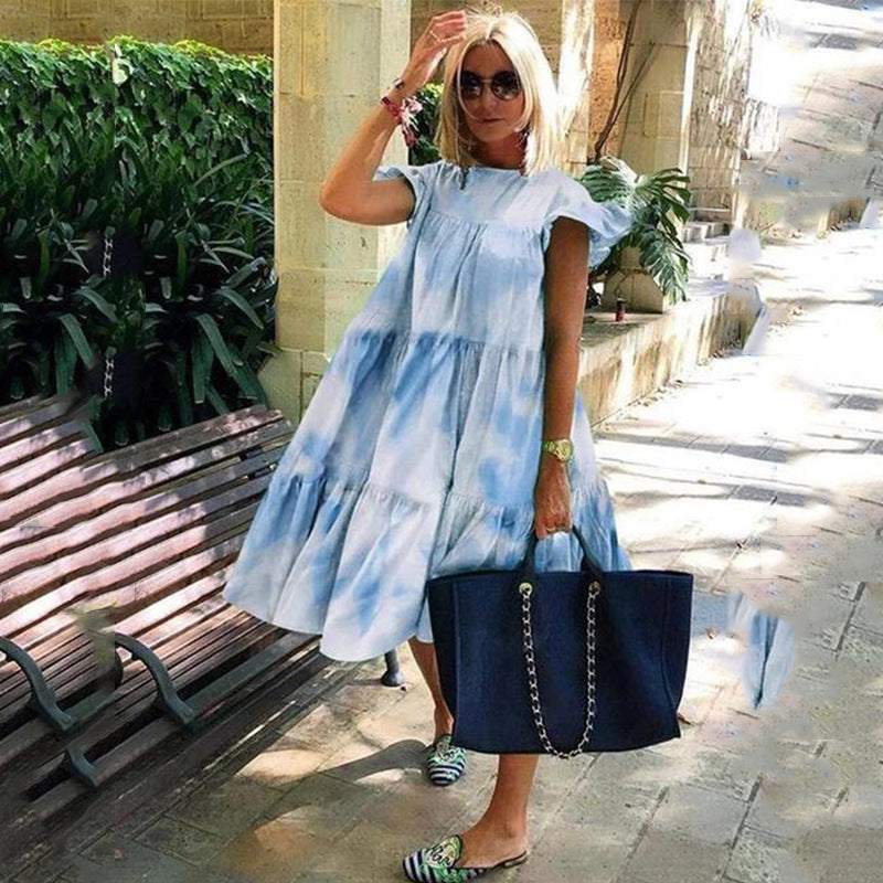 Women's Summer Plus Size Round Neck Print Casual Swing Dress 25