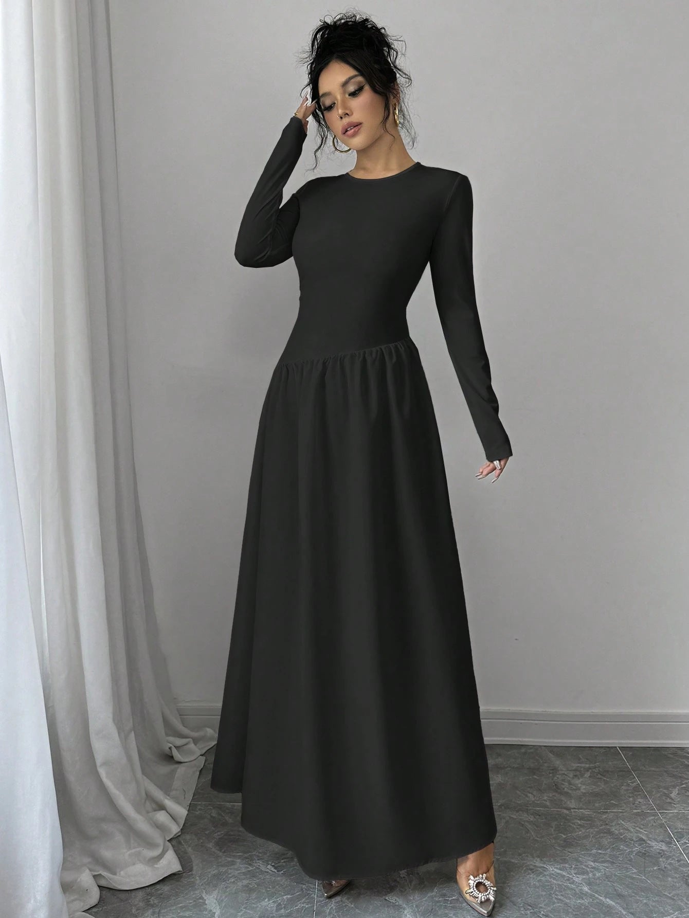 Women Fashion Elegant Black Round Neck Long Sleeve Dress 6