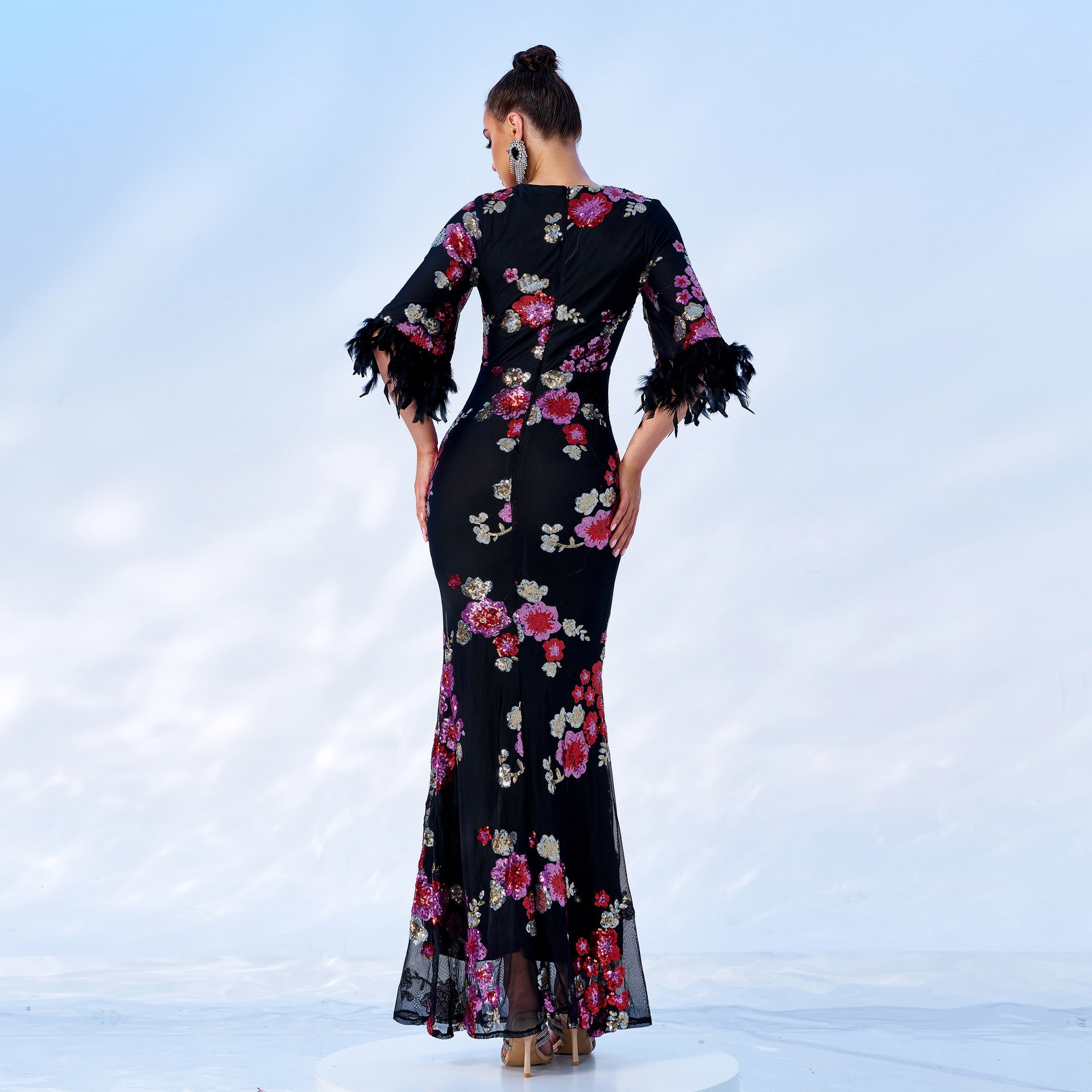 Women Sexy Sequin Short Sleeve V-Neck Formal Party Maxi Evening Dress 4