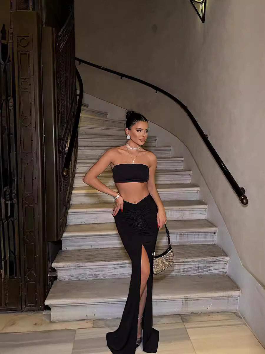 Summer Solid Color Slim Flower Split Long Skirt 7