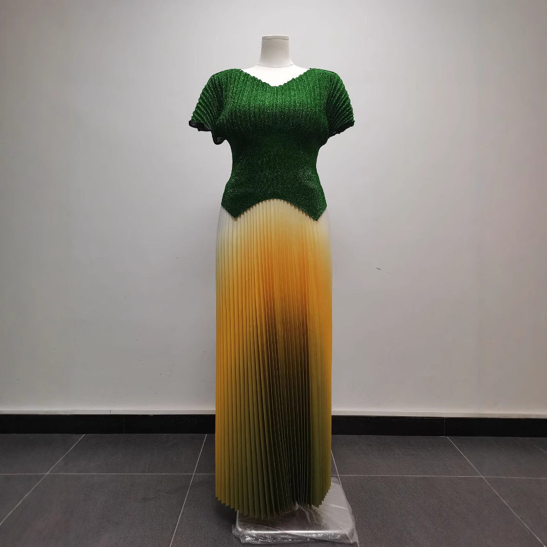 Women pleated v-neck sexy Shiny Top and gradient elegant Skirt two-piece set 12