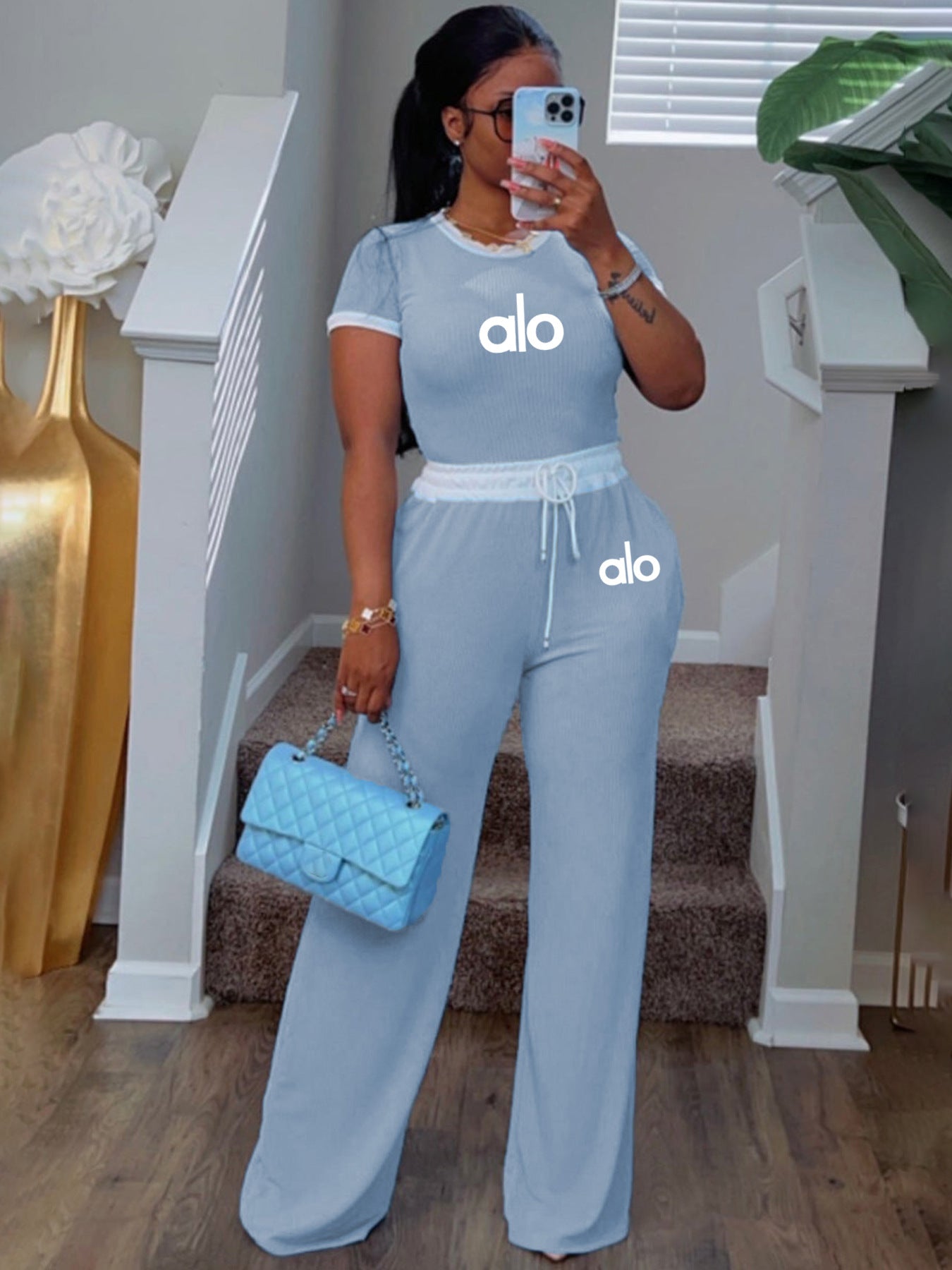 Women's Casual Street Rib Contrast Round Neck Short-Sleeve Two-Piece Pants Set 8