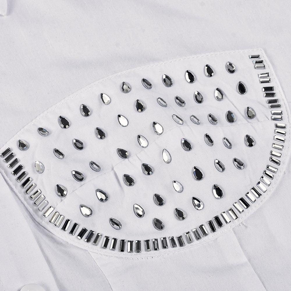 Women Fall Beaded Turndown Collar Long Sleeve Shirt 15