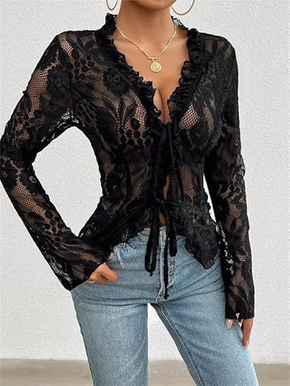 Women see-through lace long-sleeved ruffled mesh crop top 6