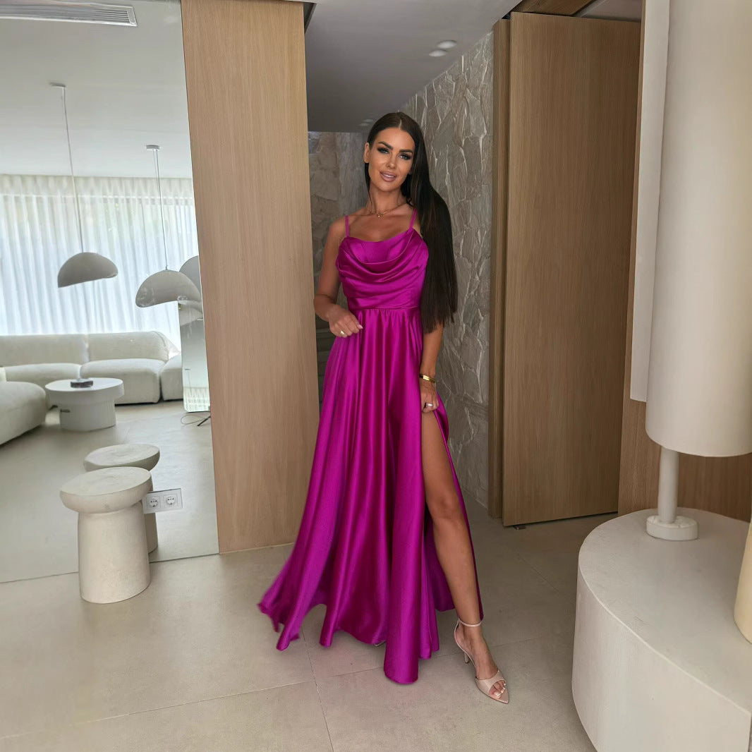 Women's Summer Sexy Low-Back Solid Color Strap Slit Dress 7