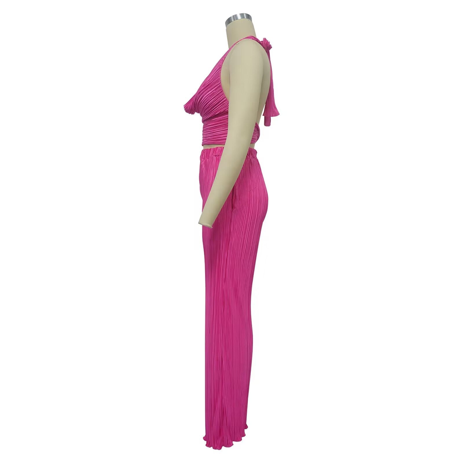 Fashion Women's Sexy Solid Color halter Sleeveless Low Back Top Pleated Pants two piece set 16