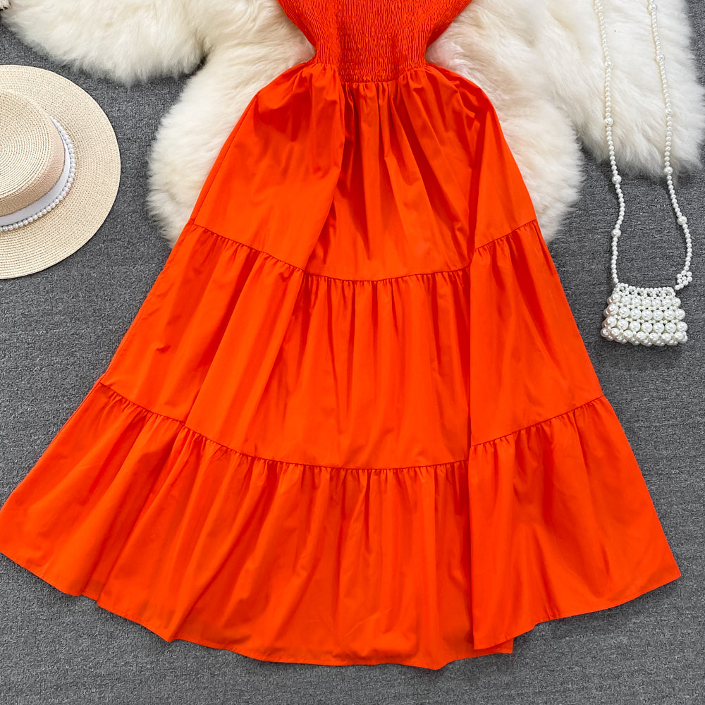 Retro Chic Sleeveless Slash Shoulder Slim Waist Slim Fit Beach Holidays A-Line Long Dress 55