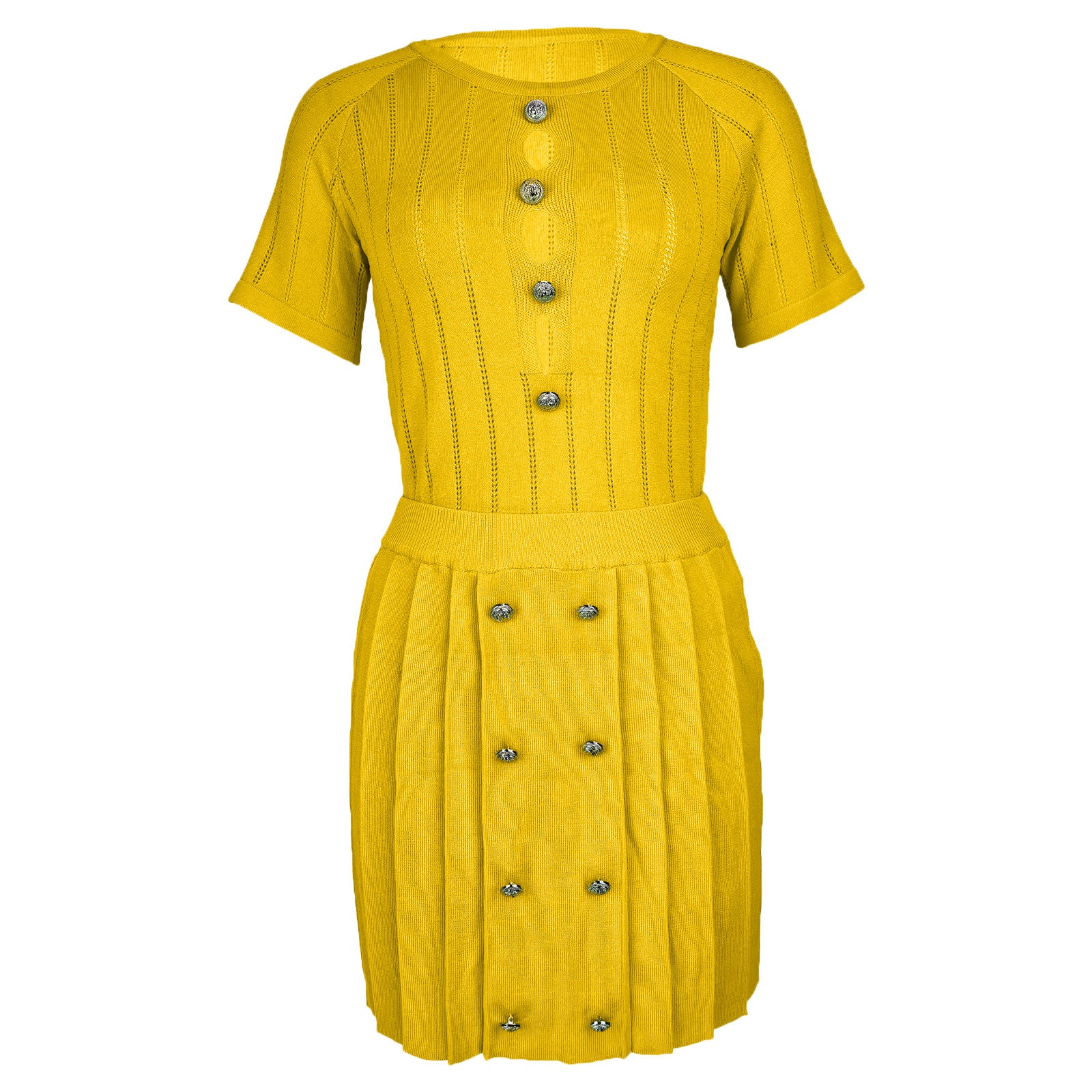 Women's Fashion Casual Sexy Hollow Button Knitting Short Sleeve Two Piece Skirt Set 16