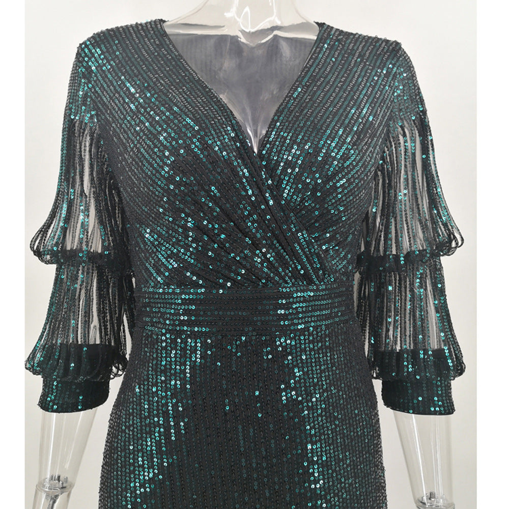 Women Sexy Vintage Green Sequin Dress 10