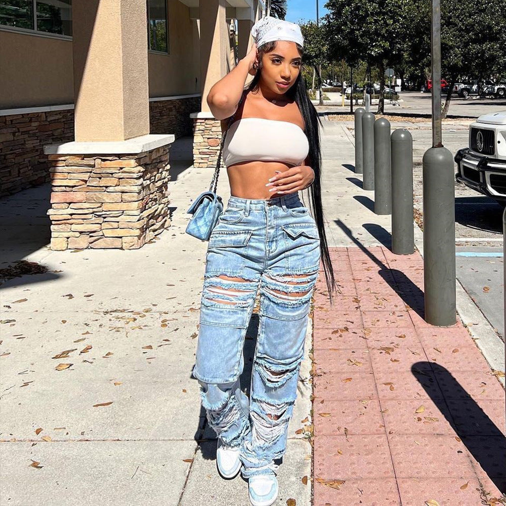 Women Casual Ripped Denim Wide Leg Pants 4