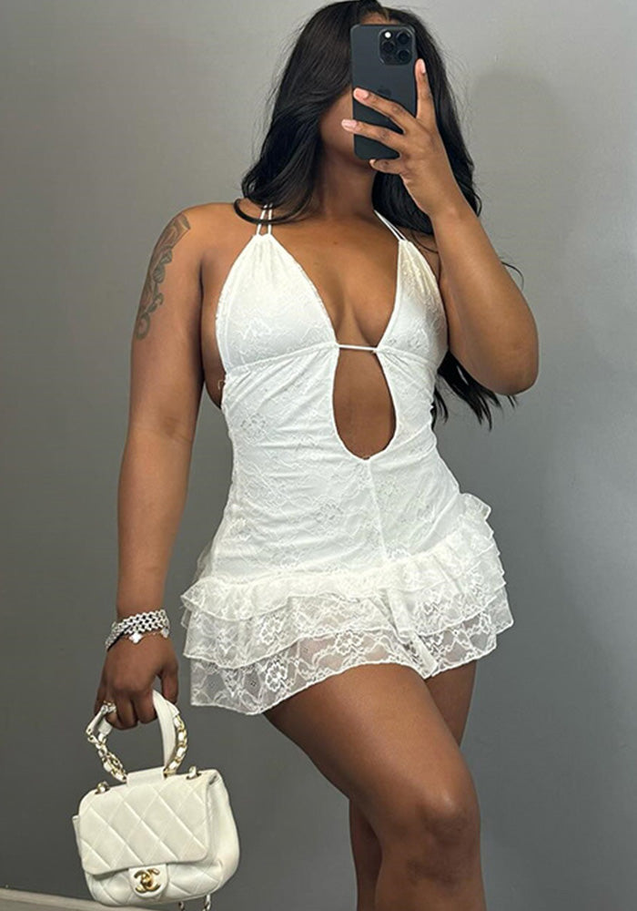 Women's Halter Lace-Up Low Back Sexy Lace Dress