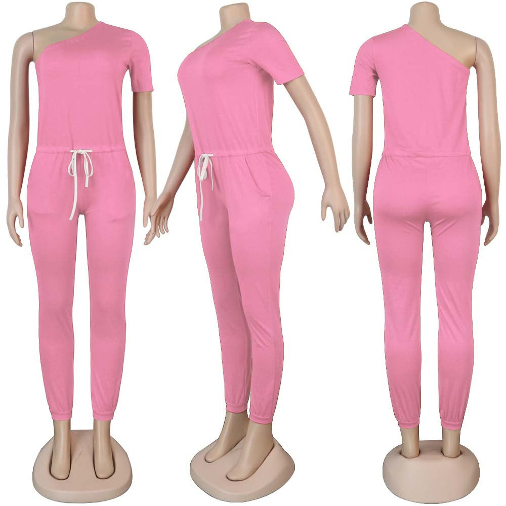 Sexy Women's Slash Shoulder Half Sleeve Solid Color Slim Fit Women's Sports Jumpsuit 23