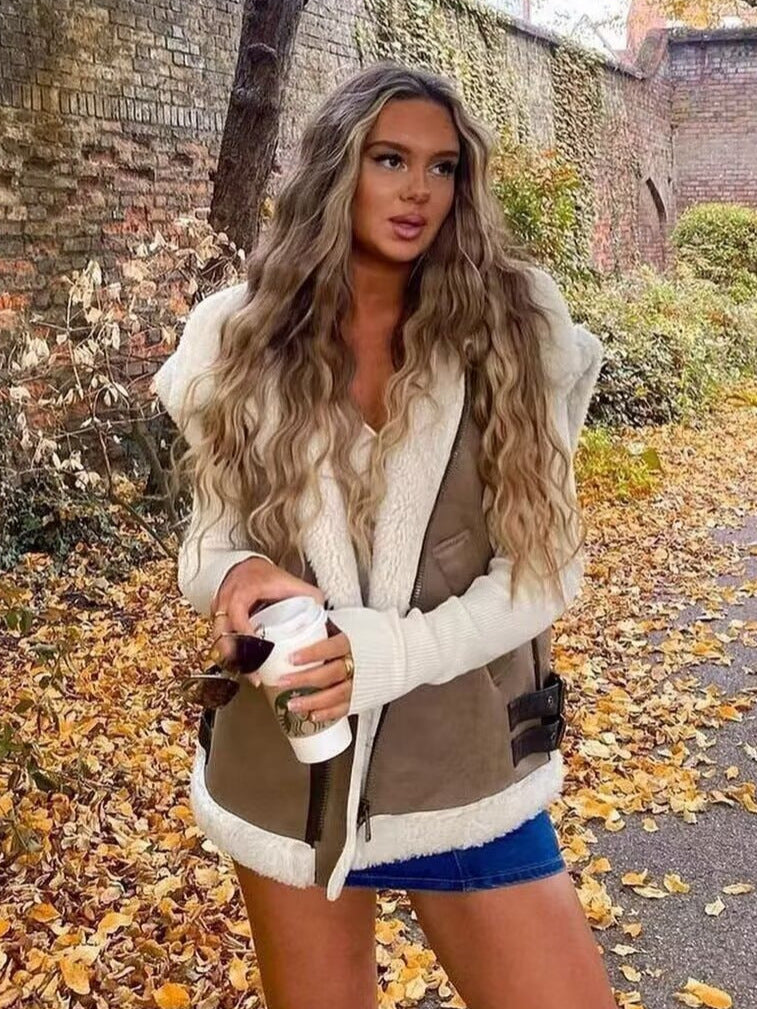 Women's Fur And Leather Patchwork Sleeveless Vest Jacket Women's Top 6