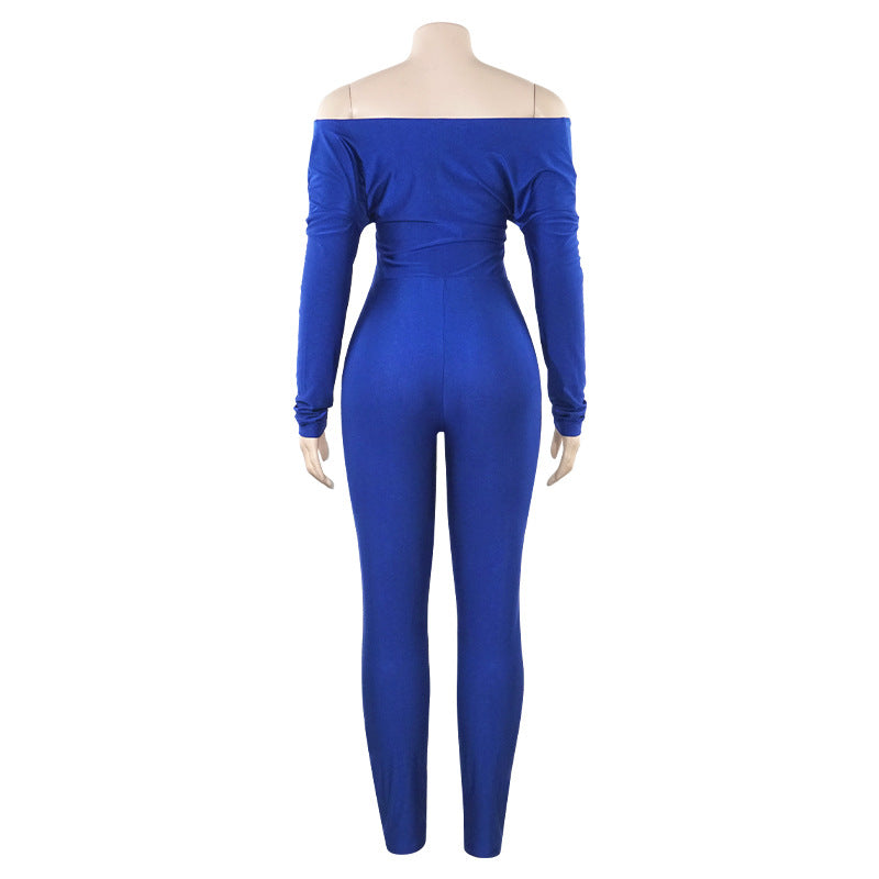 Spring Solid Color V-Neck Off Shoulder Knot Hollow Sexy High Waist Long Sleeve Jumpsuit 15
