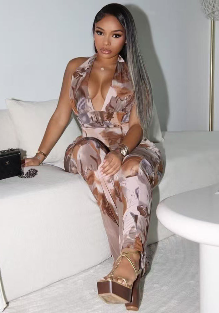 Summer Floral Print Halter Neck Low Back Slim Waist Sleeveless Trendy Jumpsuit