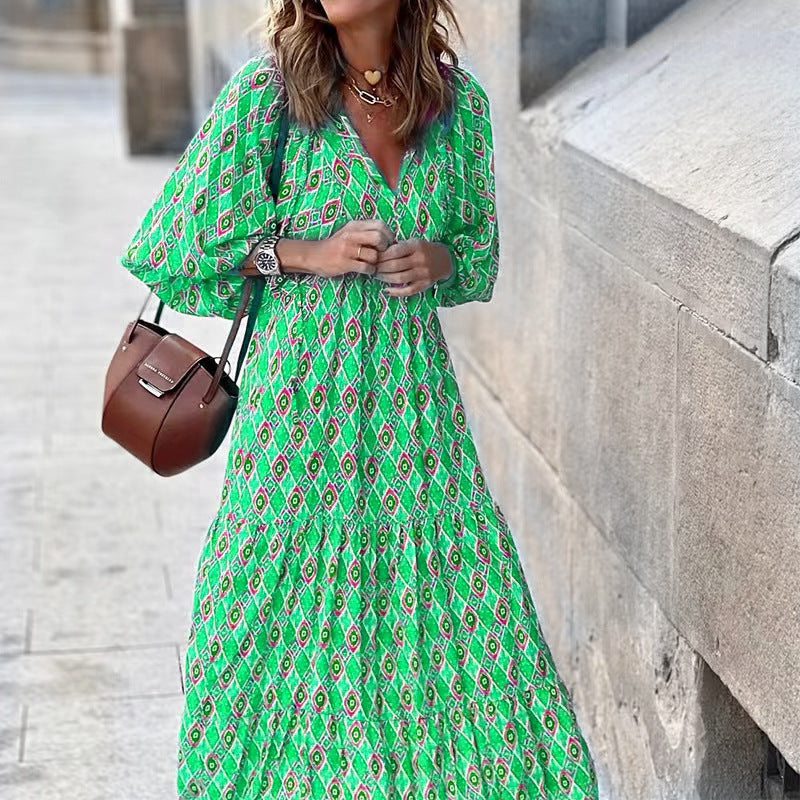 Women Summer Geometric Patch Puff Sleeve Dress 40