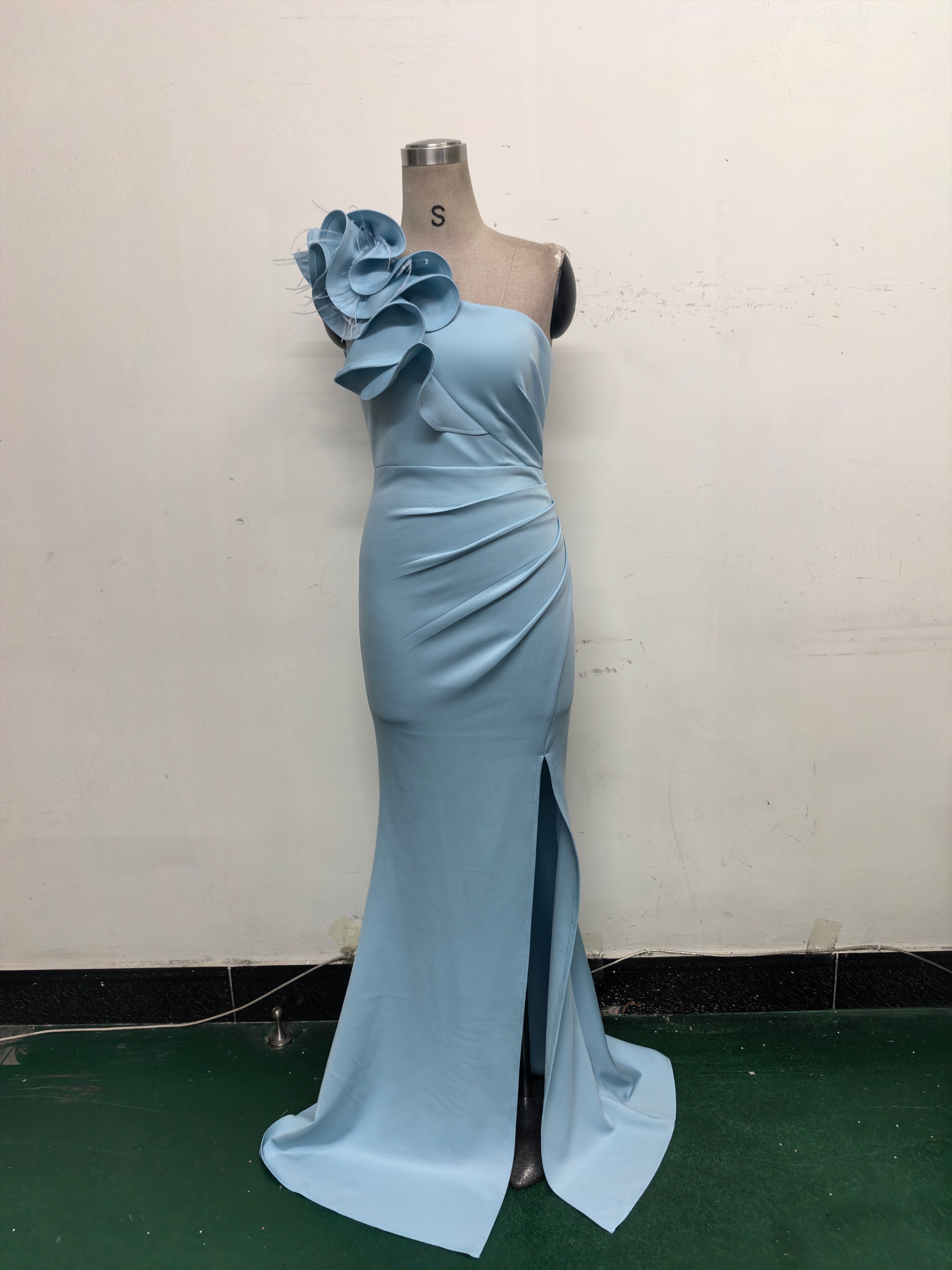 Women One-Shoulder Beaded Wool and Floral Satin Slit Sexy Evening Dress 35