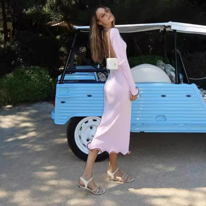 Sexy Low Back Bell Bottom Sleeve Ruffle Knitting Long Dress For Women 9