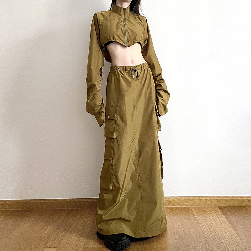 Autumn Women's Clothing Zipper Slim Long Sleeve Crop Jacket Cargo Skirt Two Piece Set 4