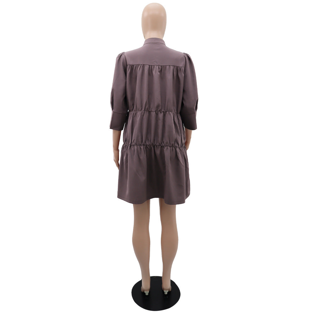 High Collar Solid Color Simple Loose Casual Women's Dress 17