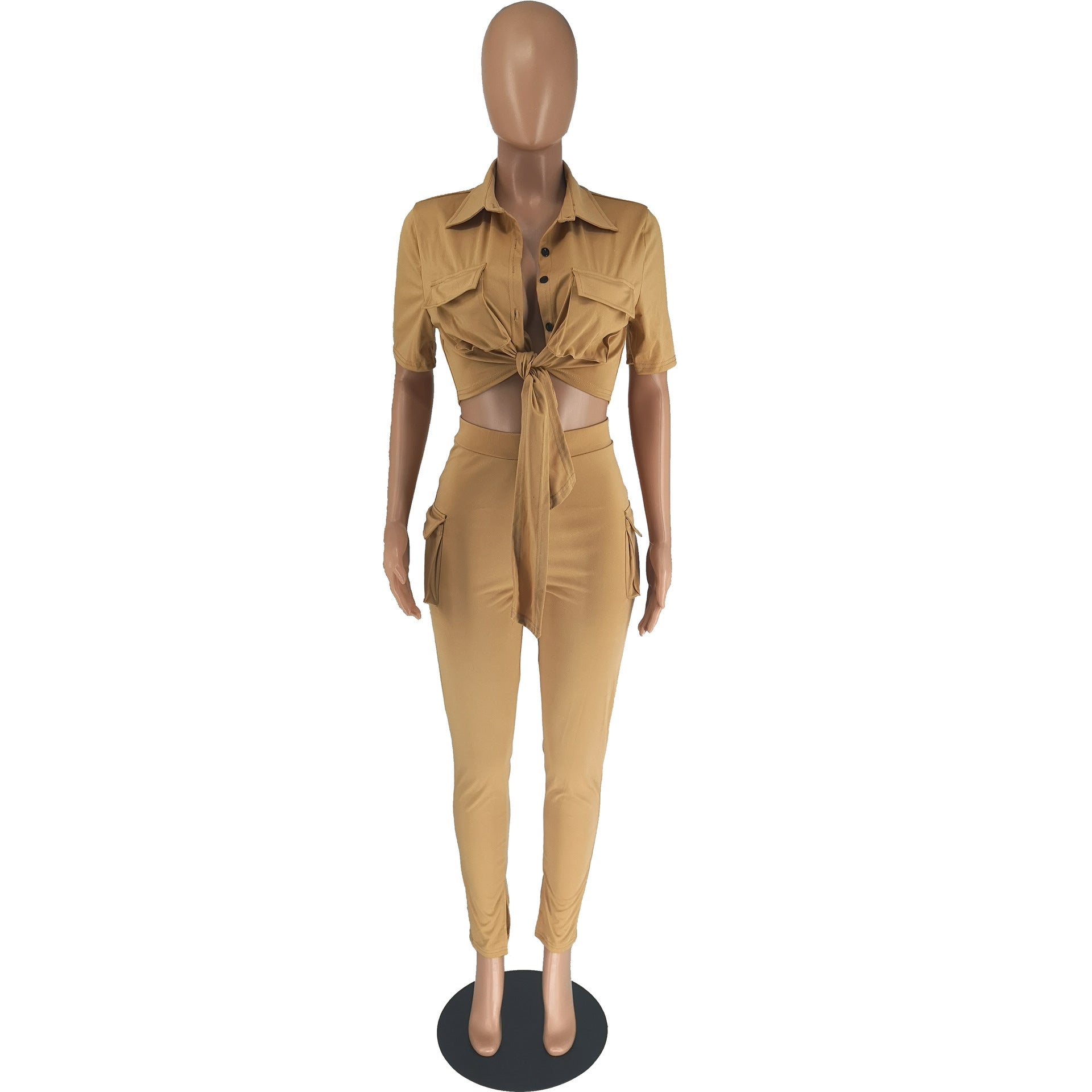 Women's Casual SOLid COLor  Short Sleeve Shirt Slit Trousers Two Piece Set 17