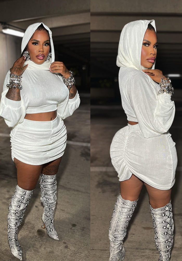 Spring Summer Hooded Puff Sleeve Crop Short Top Ruched Skirt Two Piece Set